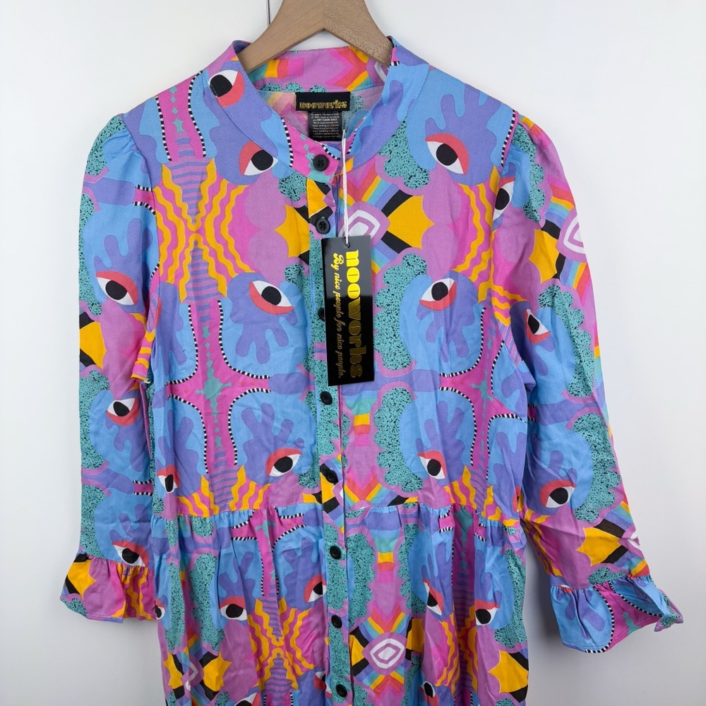 Nooworks Mucci Olive Dress Eye Rainbow Button Front Long Sleeve Maxi NEW Large - Picture 3 of 8